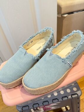 Toms Light Blue Denim Frayed Espadrille Slip-Ons